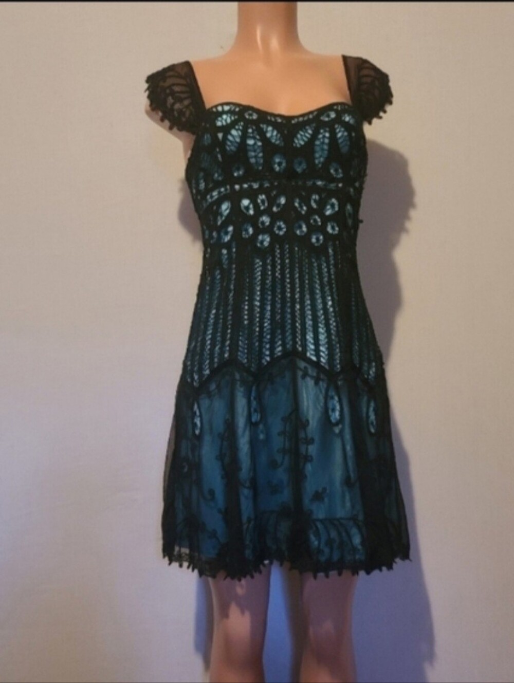 Betsey Johnson Floral Lace Turquoise/Black Dress, Size 2